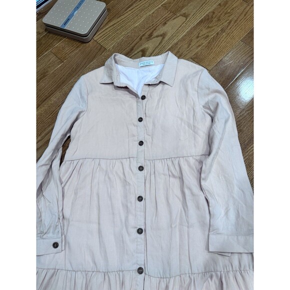 Paper Crane Pink Tiered Ruffle Button-Down Midi Dress Medium Boho Cottagecore - Picture 2 of 7